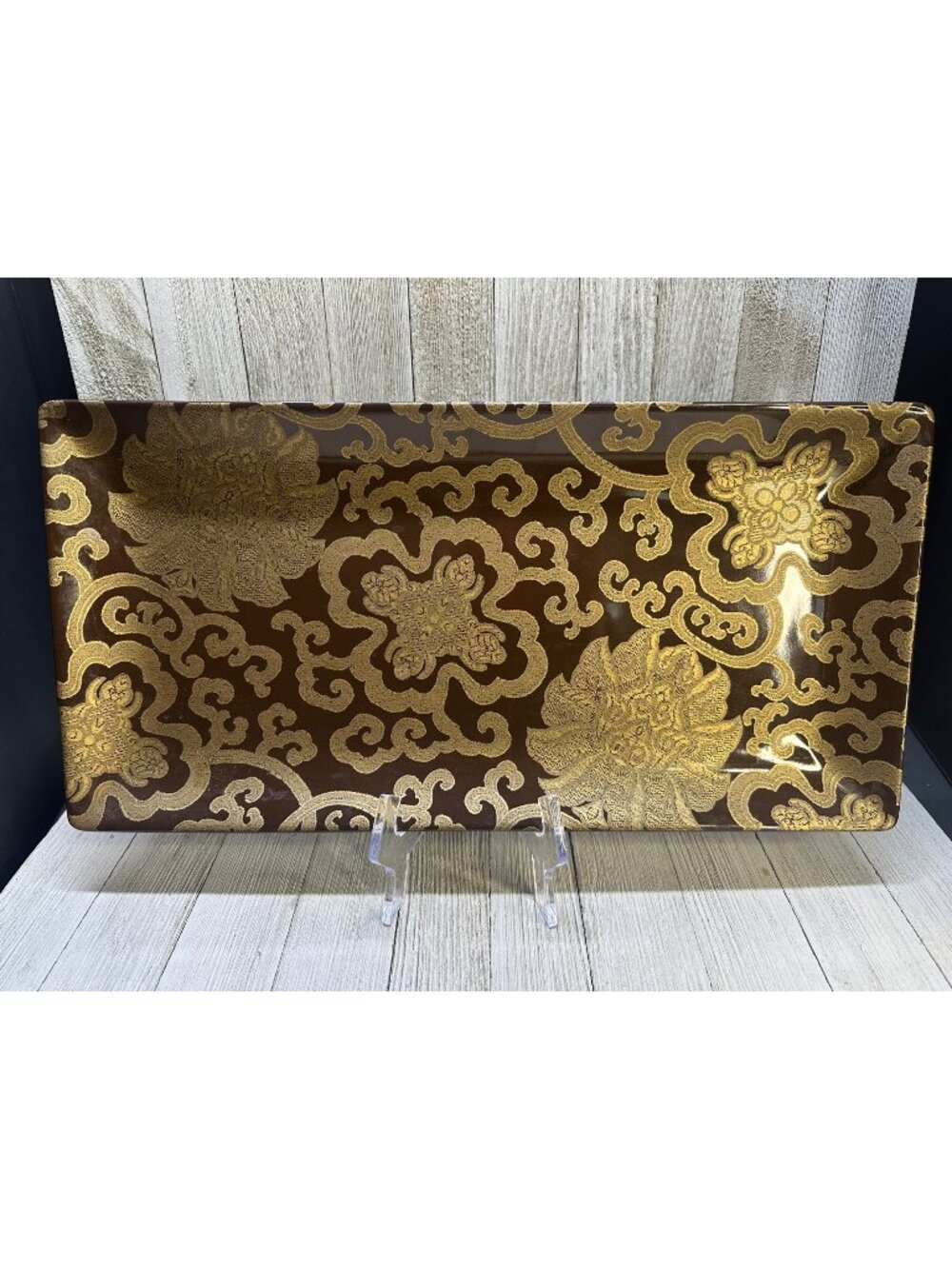 Vtg Potterybarn Chinoise Brown Elegant Floral Design Platter Tray 16" by 8"